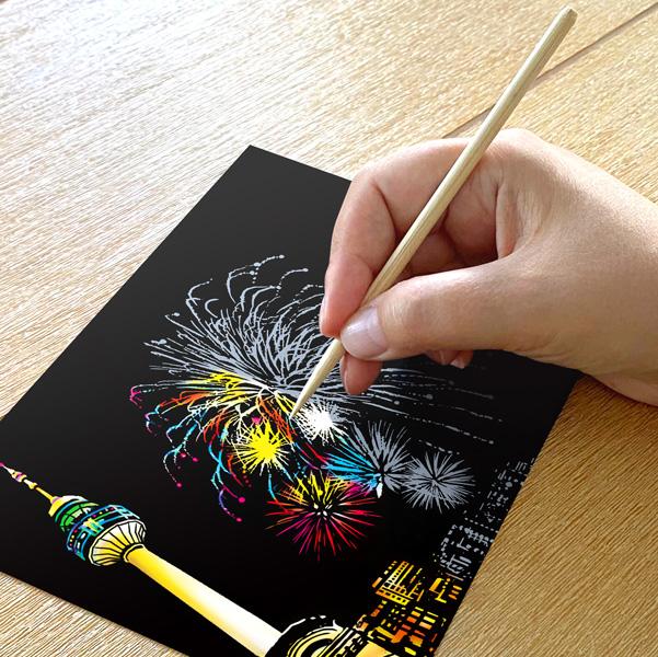 Set of 4 New Year Fireworks Scratch Postcards