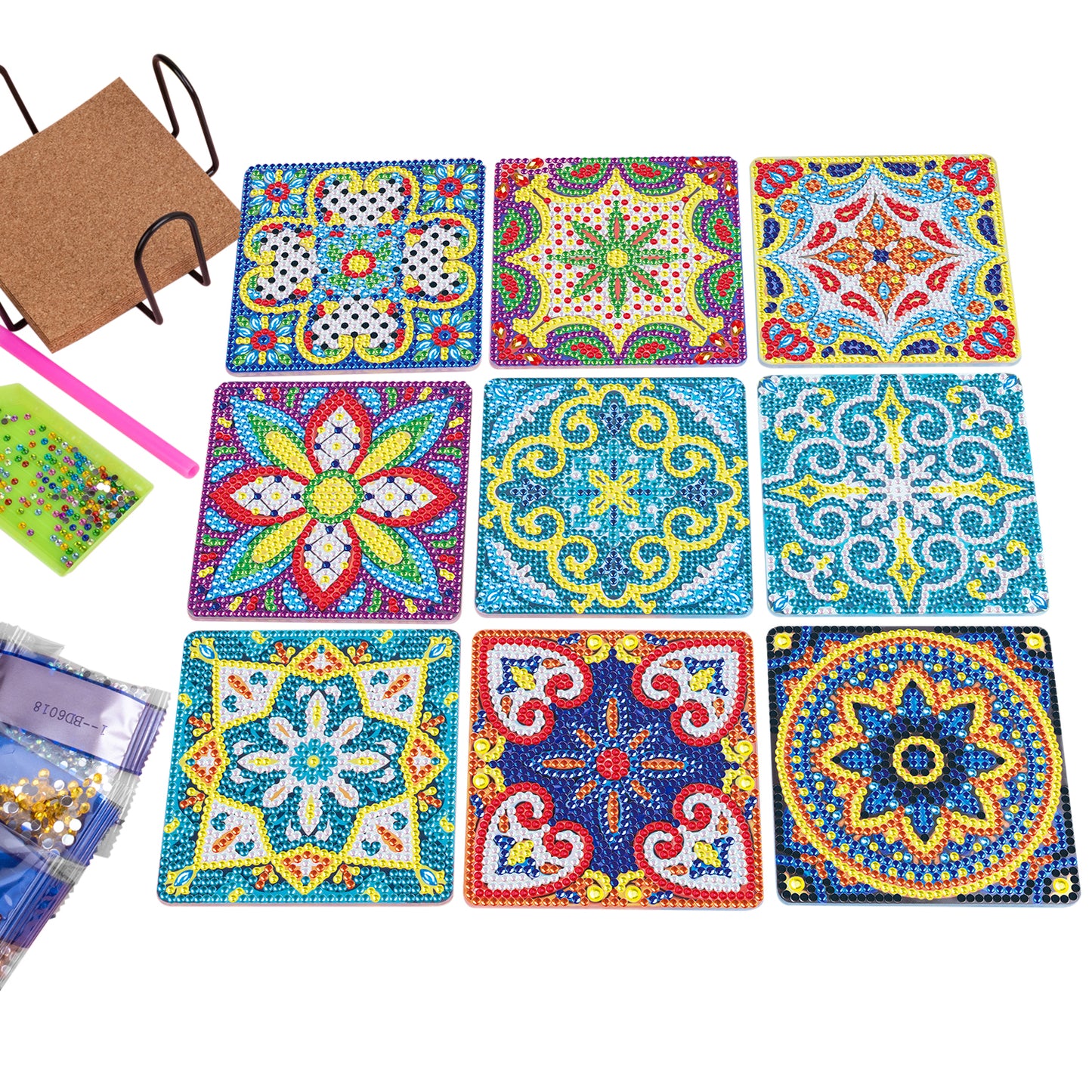 Set of 9 Square Mandala - Diamond Painting Coaster