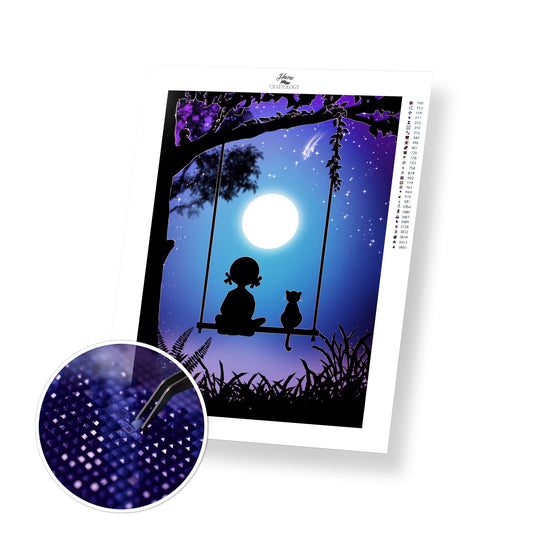 Girl and Cat During Full Moon - Premium Diamond Painting Kit