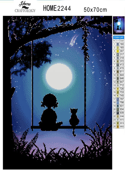 Girl and Cat During Full Moon - Premium Diamond Painting Kit