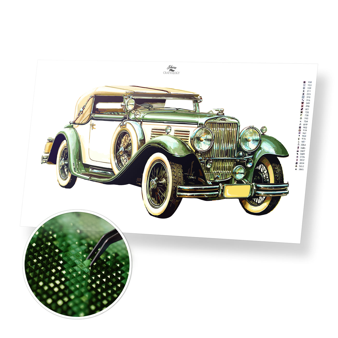 Green and White Vintage Car - Premium Diamond Painting Kit