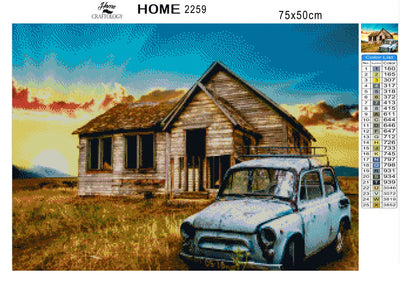 Old Farmhouse and Old Car - Premium Diamond Painting Kit