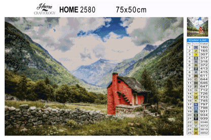 Red House by the Mountain - Premium Diamond Painting Kit