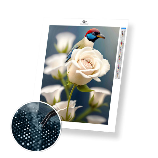 Bird on White Rose - Premium Diamond Painting Kit