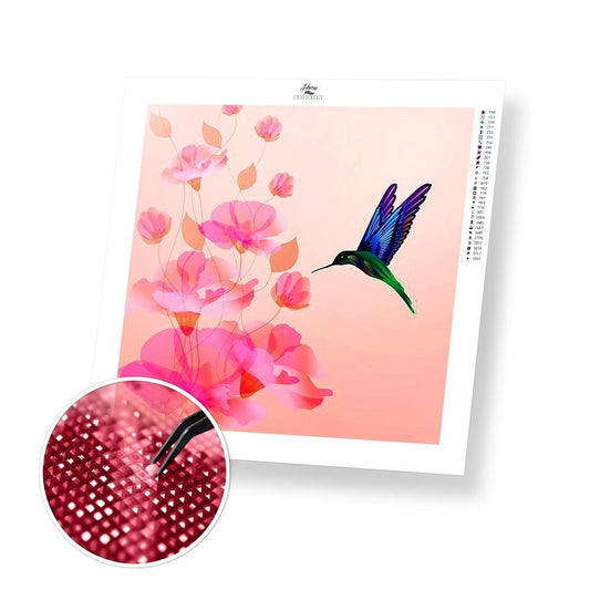 Hummingbird and Pink Flowers - Premium Diamond Painting Kit