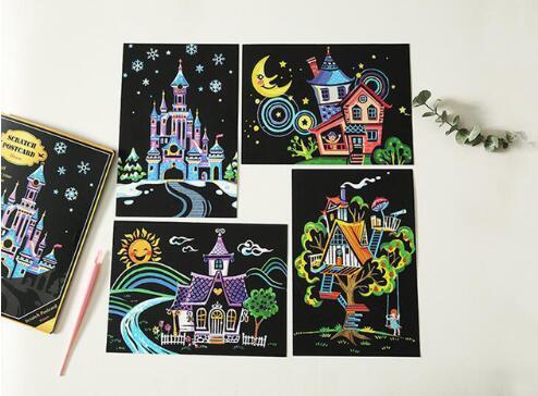 Set of 4 Houses Scratch Postcards