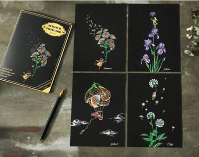 Set of 4 Flower Scratch Postcards